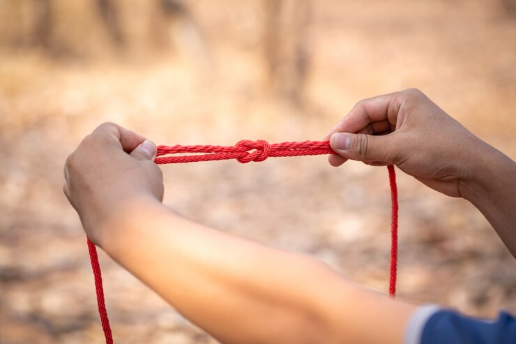 Foto mano sosteniendo la cuerda para aprender nudo scout