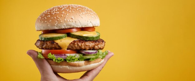 La mano sosteniendo una deliciosa hamburguesa sobre un fondo amarillo gran espacio de copia diseño de banner de restaurante conce