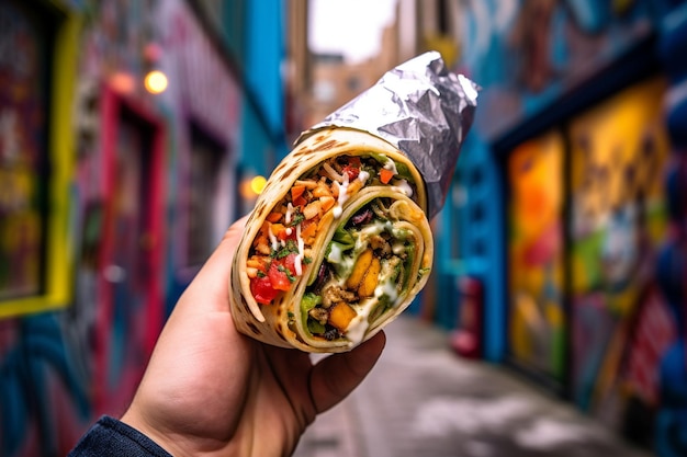 Foto una mano sosteniendo un delicioso burrito con un bocado sacado de él