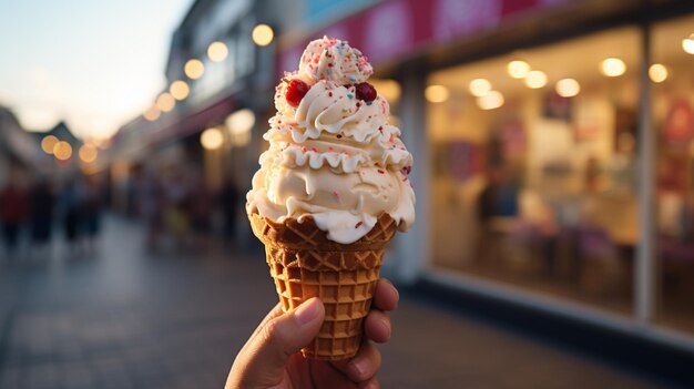 mano sosteniendo un delicioso cono de helado de vainilla con vistas frente a la heladería