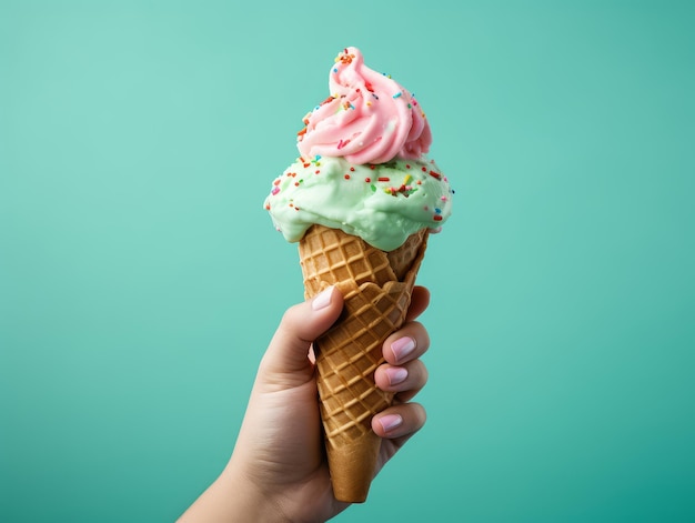 La mano sosteniendo un delicioso helado suave