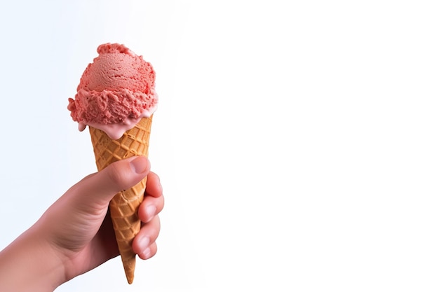 Mano sosteniendo un delicioso helado de terciopelo rojo en un cono de galleta crujiente con espacio para copiar