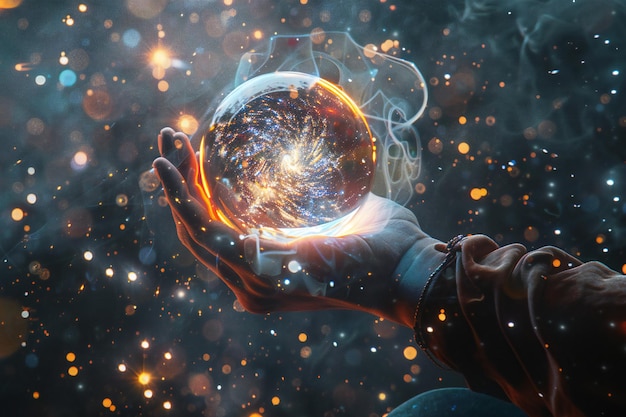 La mano sosteniendo una esfera brillante que representa la tecnología futurista y la innovación digital en un virtual