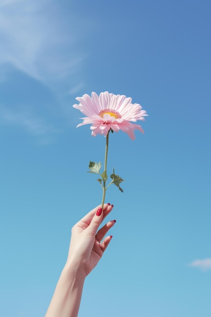 Una mano sosteniendo una flor aislada en el fondo del cielo