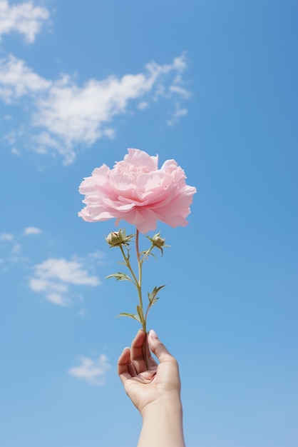 Una mano sosteniendo una flor aislada en el fondo del cielo