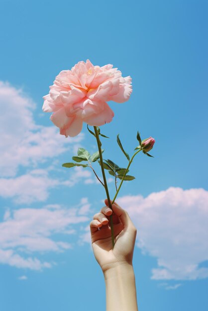 Una mano sosteniendo una flor aislada en el fondo del cielo