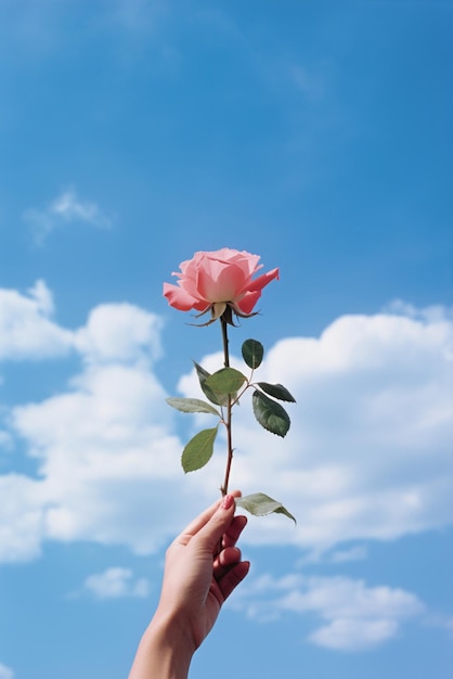 Una mano sosteniendo una flor aislada en el fondo del cielo