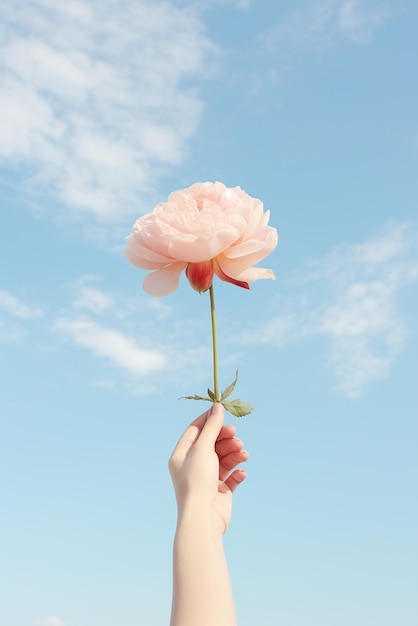 Una mano sosteniendo una flor aislada en el fondo del cielo