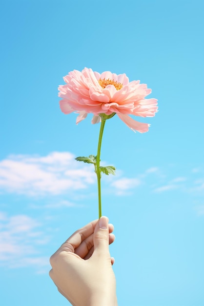 Una mano sosteniendo una flor aislada en el fondo del cielo