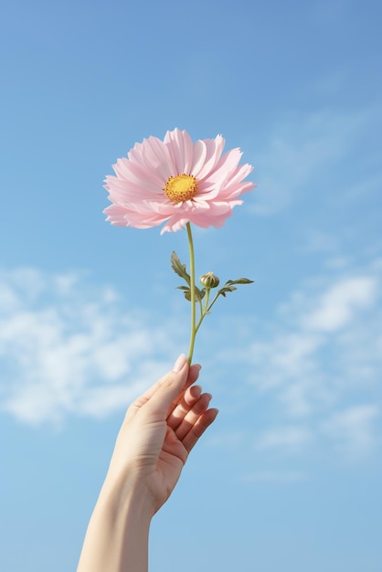 Una mano sosteniendo una flor aislada en el fondo del cielo