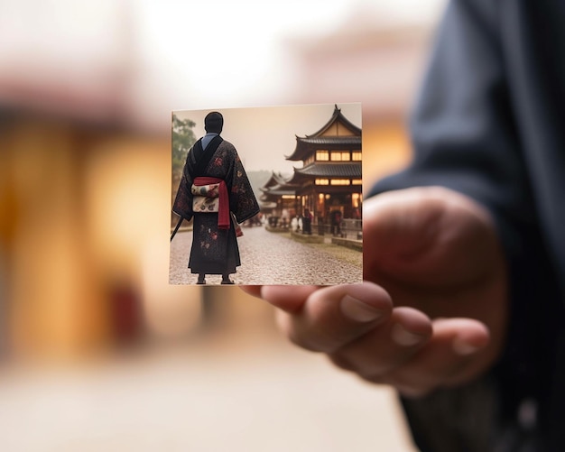 una mano sosteniendo una foto de una mujer sosteniendo una linterna china.