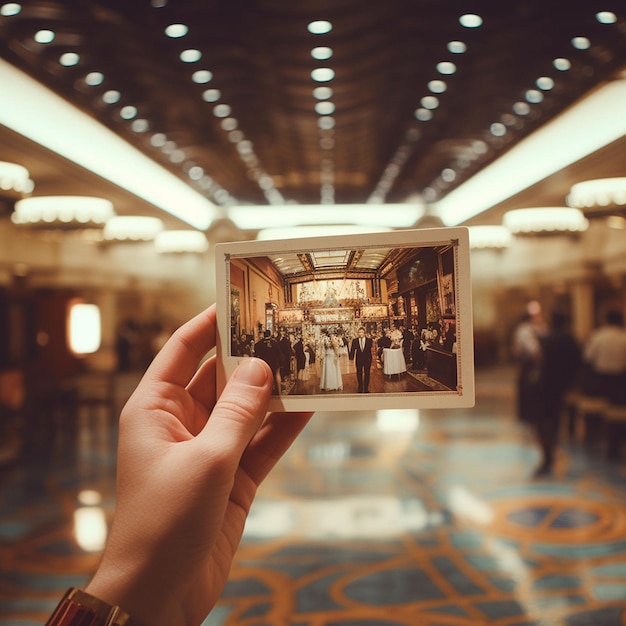 una mano sosteniendo una foto de una novia y un novio en el vestíbulo de un hotel.