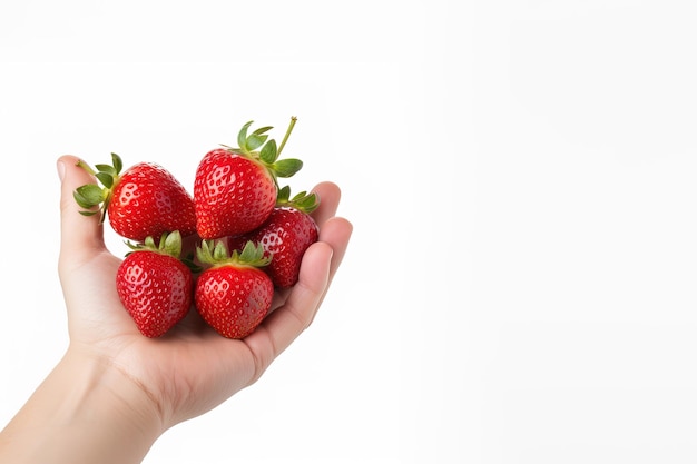 Mano sosteniendo fresas aisladas en un fondo blanco con espacio para copiar