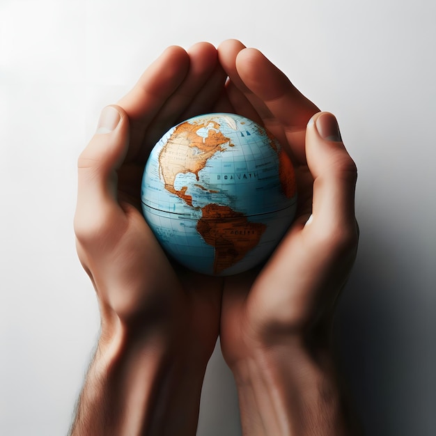 Foto una mano sosteniendo un globo fotográfico de la tierra en la mano sosteniando nuestro planeta brillando
