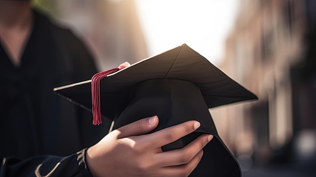 Una mano sosteniendo un gorro de graduación.