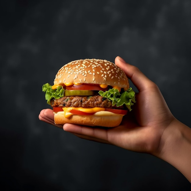 mano sosteniendo hamburguesa fondo gris oscuro