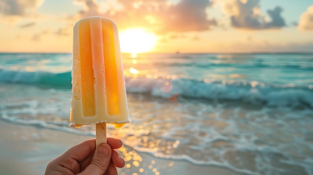 Una mano sosteniendo un helado contra un telón de fondo limpio de la orilla del mar con un gran espacio para el texto o el producto IA generativa