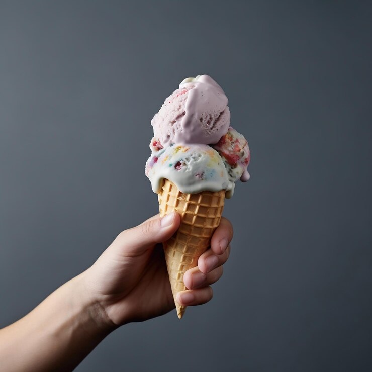 mano sosteniendo helado fondo gris