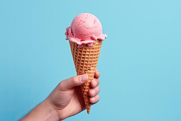 La mano sosteniendo helado de fresa en un cono de waffle