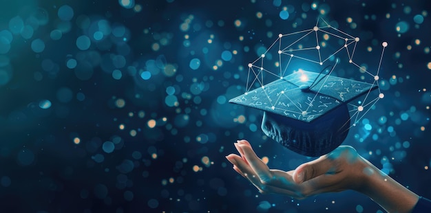 mano sosteniendo un icono virtual del sombrero de graduación