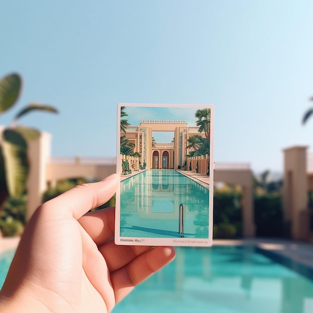 una mano sosteniendo una imagen de una piscina con una piscina al fondo.