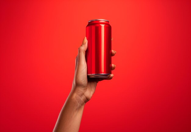 Foto una mano sosteniendo una lata roja de coca cola contra un fondo rojo