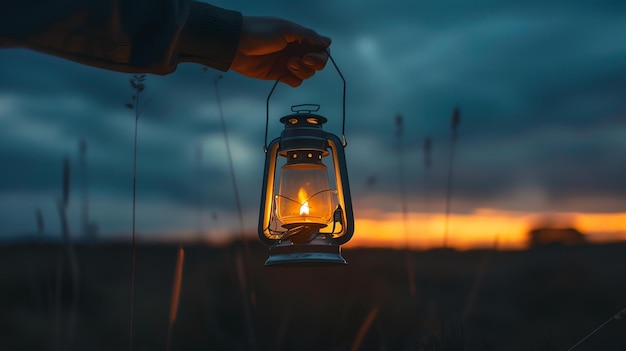 Foto una mano sosteniendo una linterna en la hierba alta al anochecer la linterna está proyectando un brillo cálido en la mano y la hierba