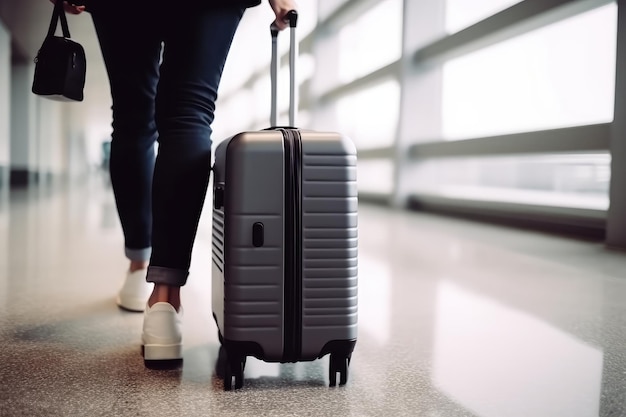 mano sosteniendo una maleta caminando en el aeropuerto generado por IA