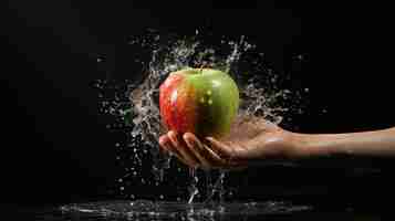 Foto una mano sosteniendo una manzana con un chorro de agua