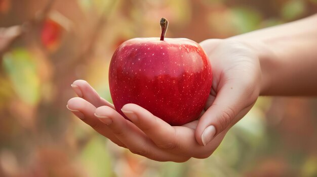 Foto una mano sosteniendo una manzana roja la manzana está madura y tiene una piel lisa y brillante la mano está sosteniendo la manzana con la palma hacia arriba