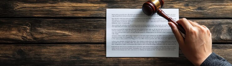 Una mano sosteniendo un martillo por encima de un documento legal que transmite autoridad y toma de decisiones