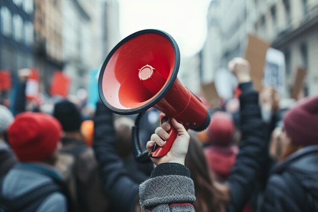 Una mano sosteniendo un megáfono entre un grupo de personas llamativas en un fondo con un fondo borroso IA generativa