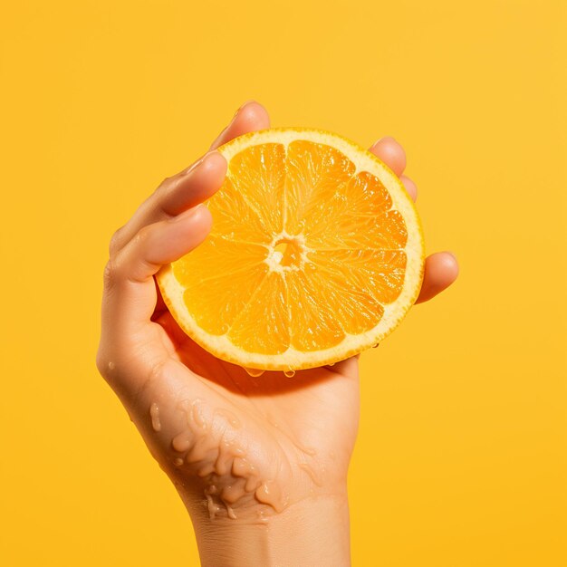 Una mano sosteniendo una naranja fresca aislada sobre un fondo amarillo