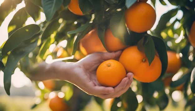 una mano sosteniendo naranjas que están colgando de un árbol