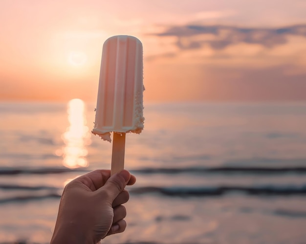 Foto la mano sosteniendo un palito de helado en el fondo de la playa puesta de sol dulce deleite momento relajante brillo cálido