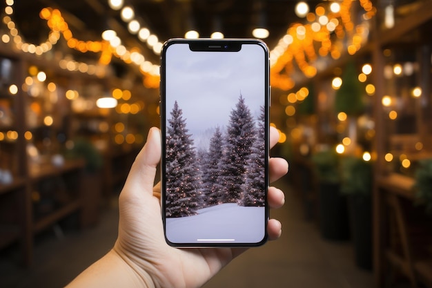 Mano sosteniendo la pantalla blanca en blanco del teléfono inteligente en el fondo de la Navidad AI generativa