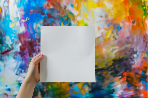 Foto la mano sosteniendo un papel en blanco frente a una pintura abstracta colorida
