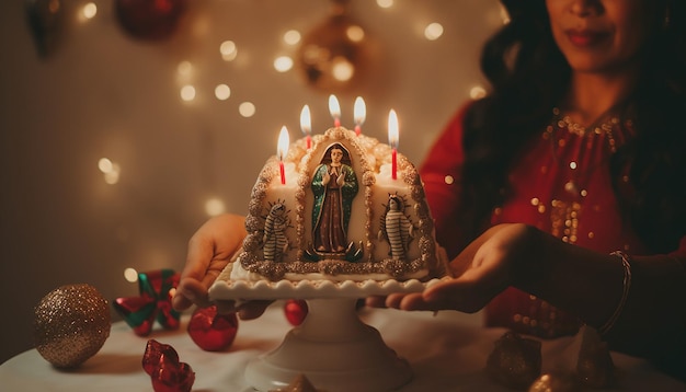 Foto una mano sosteniendo un pastel temático en miniatura el tema es virgencita de guadalupe