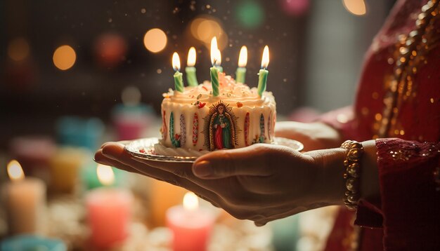 una mano sosteniendo un pastel temático en miniatura el tema es virgencita de Guadalupe