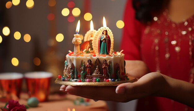 una mano sosteniendo un pastel temático en miniatura el tema es virgencita de Guadalupe
