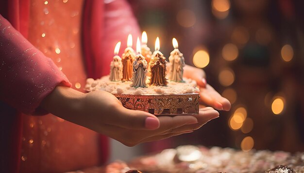 Foto una mano sosteniendo un pastel temático en miniatura el tema es virgencita de guadalupe