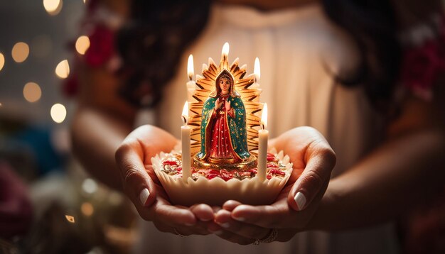 una mano sosteniendo un pastel temático en miniatura el tema es virgencita de Guadalupe