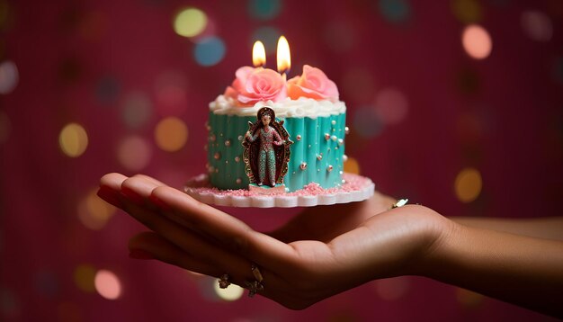 Foto una mano sosteniendo un pastel temático en miniatura el tema es virgencita de guadalupe