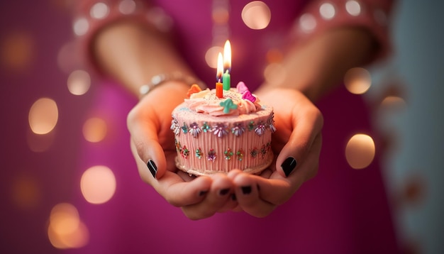 Foto una mano sosteniendo un pastel temático en miniatura el tema es virgencita de guadalupe