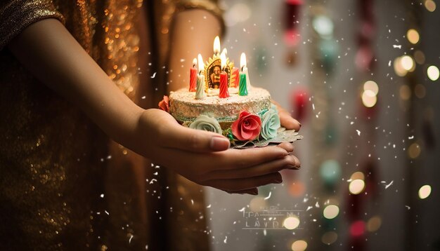 Foto una mano sosteniendo un pastel temático en miniatura el tema es virgencita de guadalupe