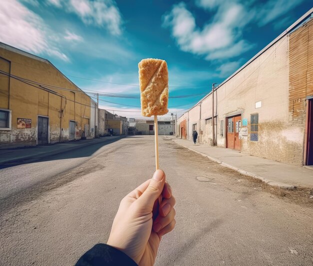 Foto una mano sosteniendo un pedazo de comida en un palo png inteligencia artificial generativa transparente