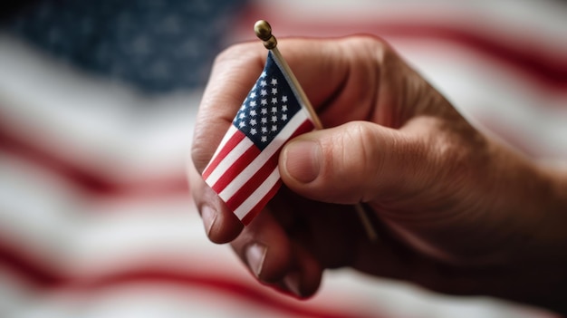 Una mano sosteniendo una pequeña bandera americana con las palabras ee.uu.