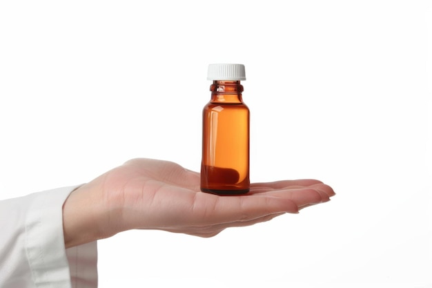 Una mano sosteniendo una pequeña botella de ámbar contra un fondo blanco brillante que muestra remedios a base de hierbas
