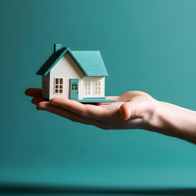 Una mano sosteniendo una pequeña casa con techo verde.