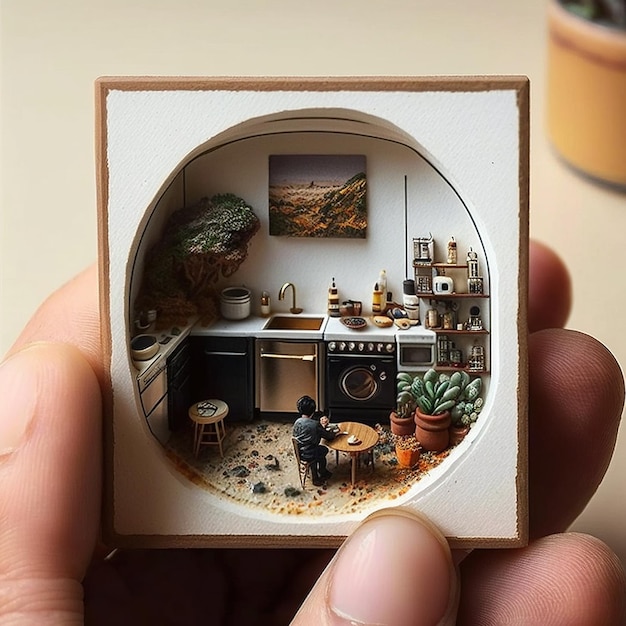 Una mano sosteniendo una pequeña cocina en miniatura con la imagen de un niño pequeño.